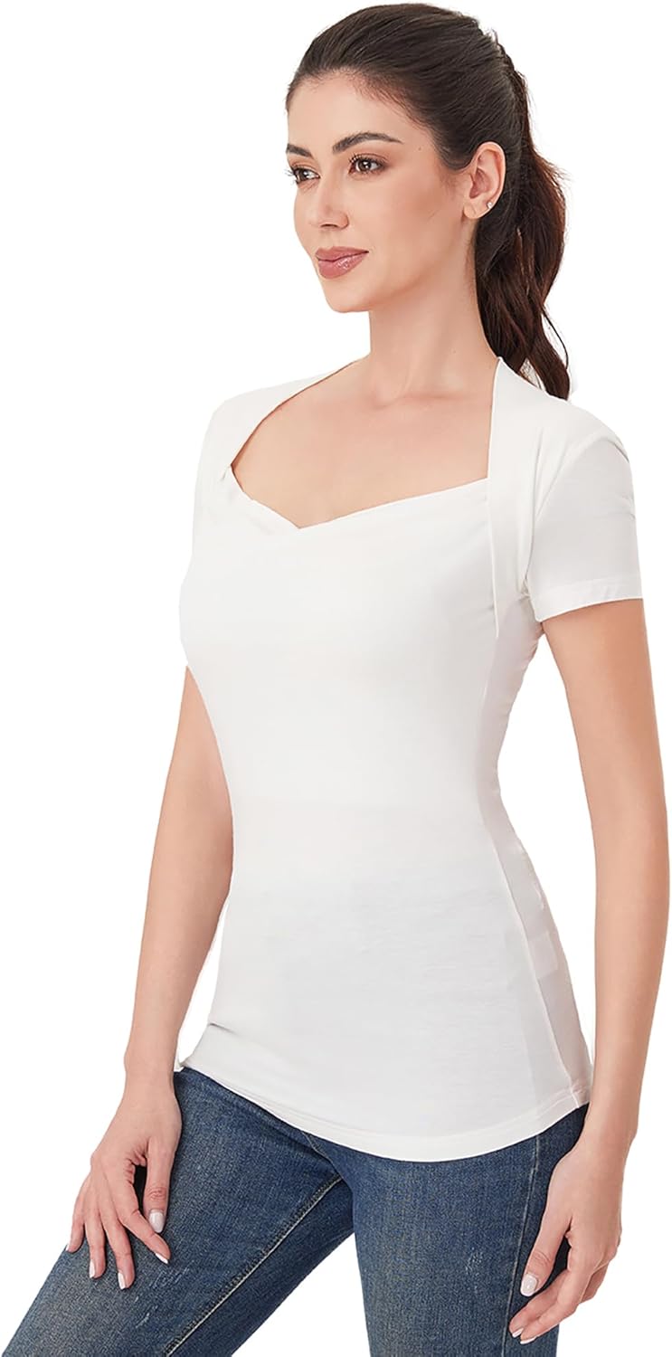AmélieBoutik Women Bolero Style Ruched Sweetheart Neck Short Sleeve T Shirts Slim Fit Basic Tee Trendy Blouse - Image 4