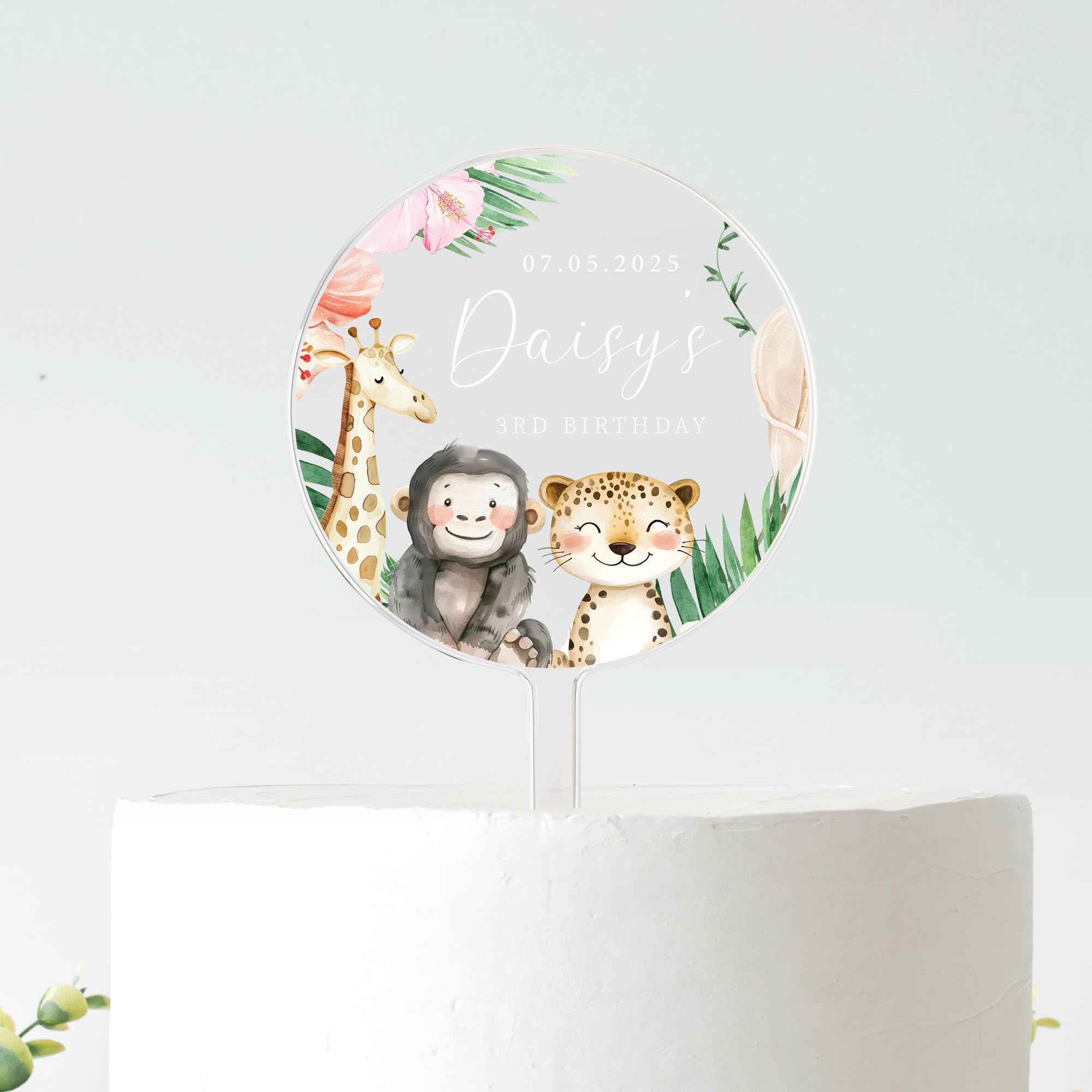 Personalised Safari Jungle Animal Cake Topper | Custom Name & Age Birthday Decoration | Frosted Acrylic | 10cm or 12cm (White Text, 12CM)