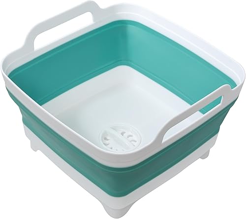 Miniatura 9 de Paquete de 2 sartenes para lavar platos, lavabo de 2.4 galones9 litros con asas de transporte de tapón de drenaje, cubo plegable para limpieza,