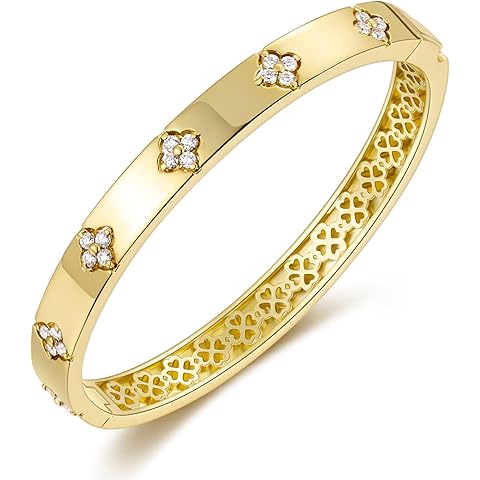 Moissanite Bangle Bracelets for Women, 14K Gold Plated Four Leaf Clover Bracelet wi...
