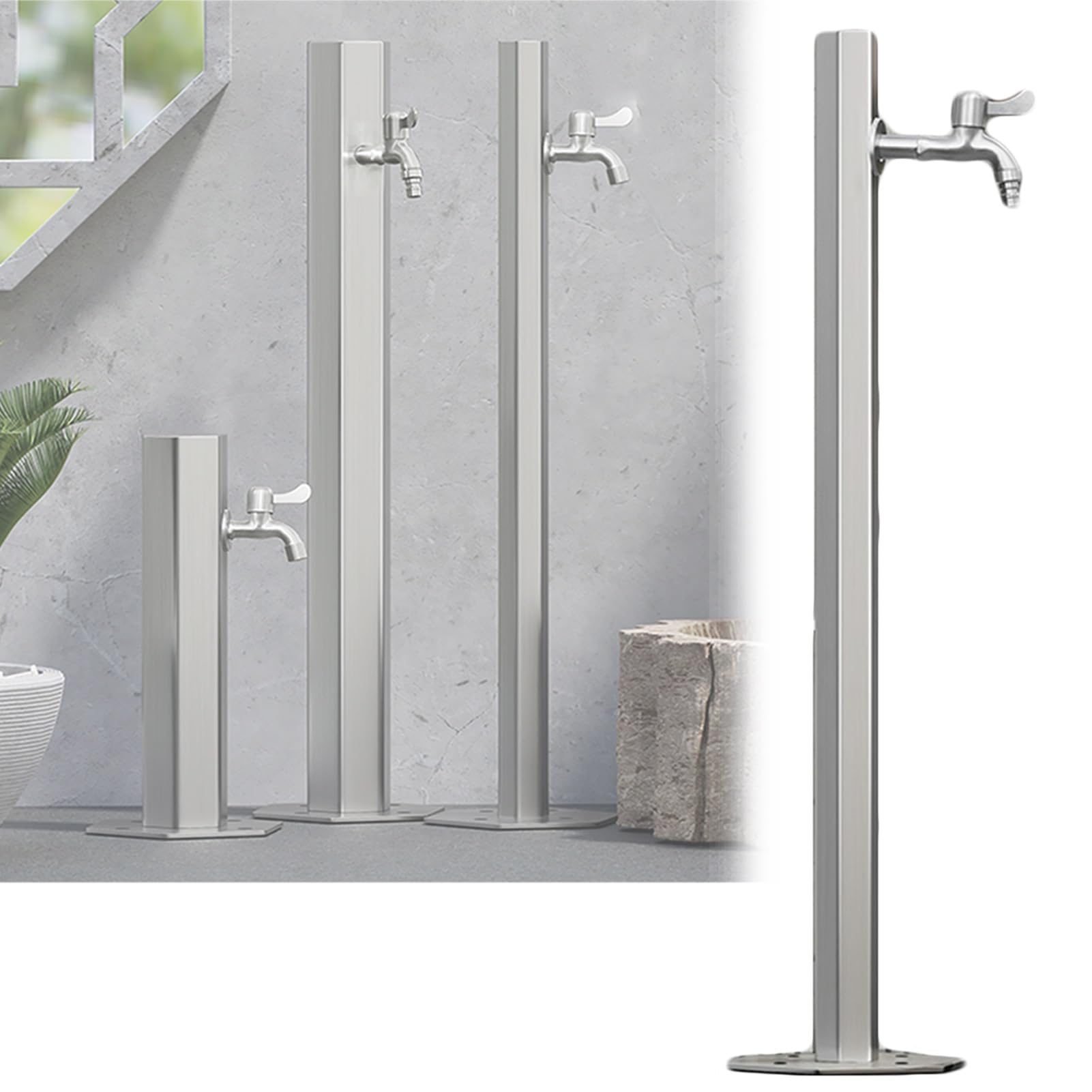 Columna de agua vertical cuadrada de acero inoxidable 304 para jardín al aire libre, anticongelante, doble grifo, montaje en el suelo, soporte para manguera de hidrante de incendios (A, 17 x 86 cm)