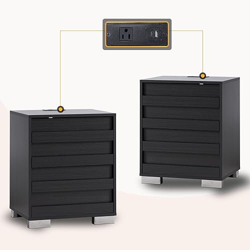 AMERLIFE Nightstand Set of 2 with Charging Station, Wood Bedside Table with 2 Drawers, Farmhouse End Table with Slated Handles & Stainless Steel Feet for Bedroom, Living Room, Black