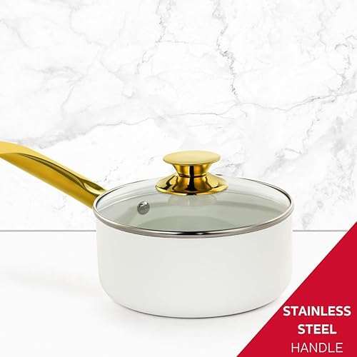 Miniatura 6 de Holstein Housewares Cacerola antiadherente de cerámica blanca de 2.5 cuartos con tapa, color dorado y mango de acero inoxidable, elegancia dorada