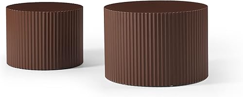 Miniatura 41 de Juego de 2 mesas auxiliares apilables rústicas, modernas mesas auxiliares redondas de madera con patrón de mármol para sala de estar, dormitorio,