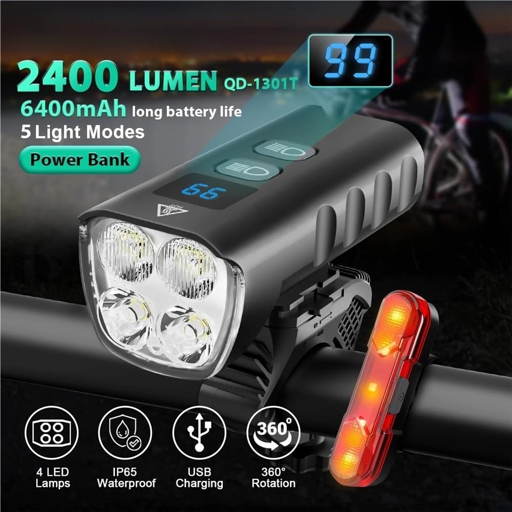 Przednia lampa rowerowa 6400mA akumulatorowa lampa rowerowa 2400LM latarka LED do roweru MTB(QD-1301T)