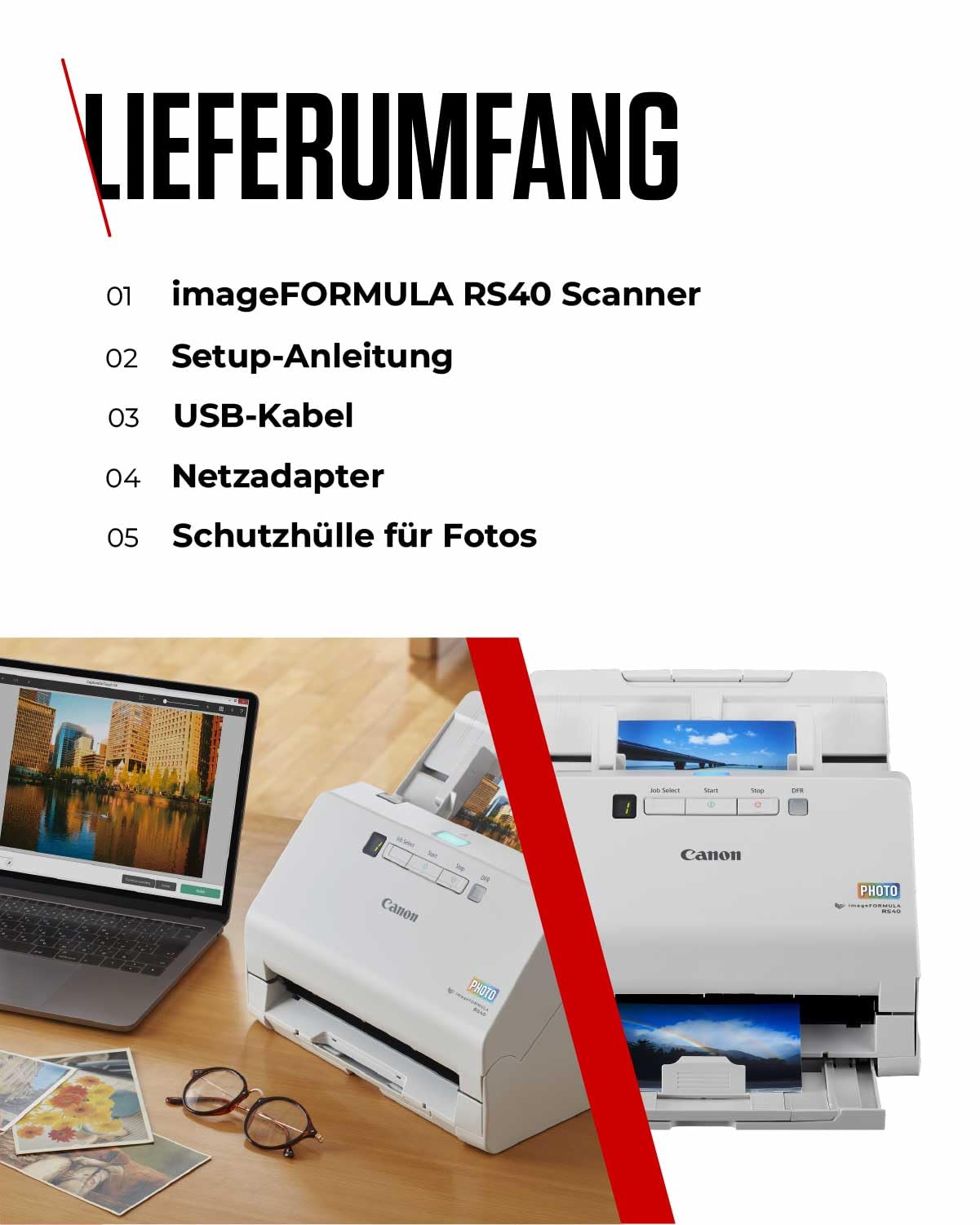 Canon Scanner imageFORMULA RS40 | Dokumentenscanner | Fotoscanner | Duplex Scanner mit Einzug & USB | 60 Blatt Einzug | Integrierte Canon CaptureOnTouch Software | Integrierte OCR I PDF I PNG I JPG