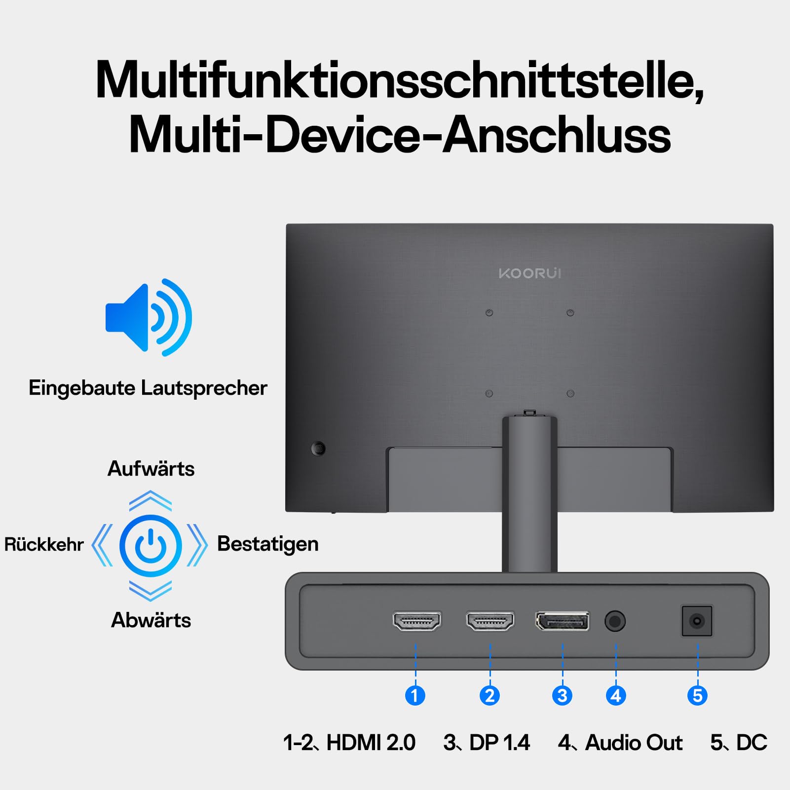 KOORUI 32 Zoll 4K Monitor, UHD 3840 x 2160, 60Hz, VA Panel, Lautsprecher | Adaptive Sync, HDR10, 95% DCI-P3, Low Blue Light Eye Care, HDMI 2.0/DP 1.4, VESA 100x100 mm, Homeoffice Büro Gaming Monitor