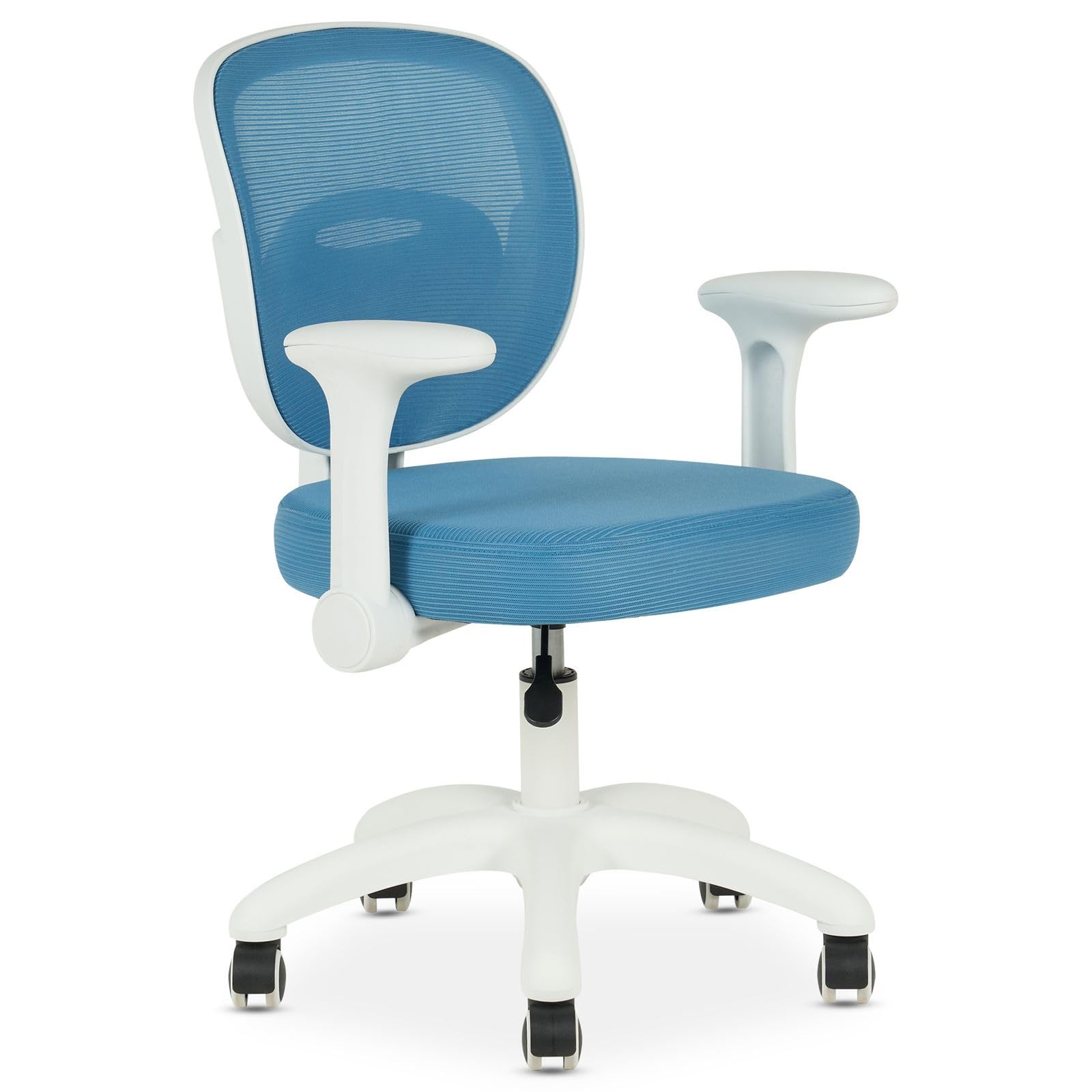 IDIMEX Schreibtischstuhl für Kinder Amelia höhenverstellbar, Blau – ergonomischer Bürostuhl für Kinderzimmer, atmungsaktive Mesh Rückenlehne & weißes Fußkreuz mit 5 Rollen