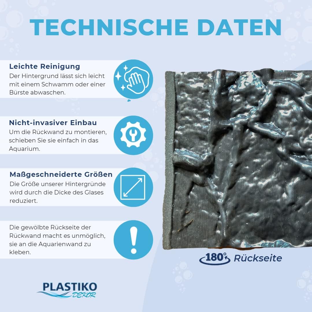 PLASTIKO - Aquariumachtergrond 3D I Achterwand 100x50 cm I Eenvoudig te monteren en schoon te maken I Geen lijmen nodig I Veilig voor dieren I Zwart met patroon van rivierstenen
