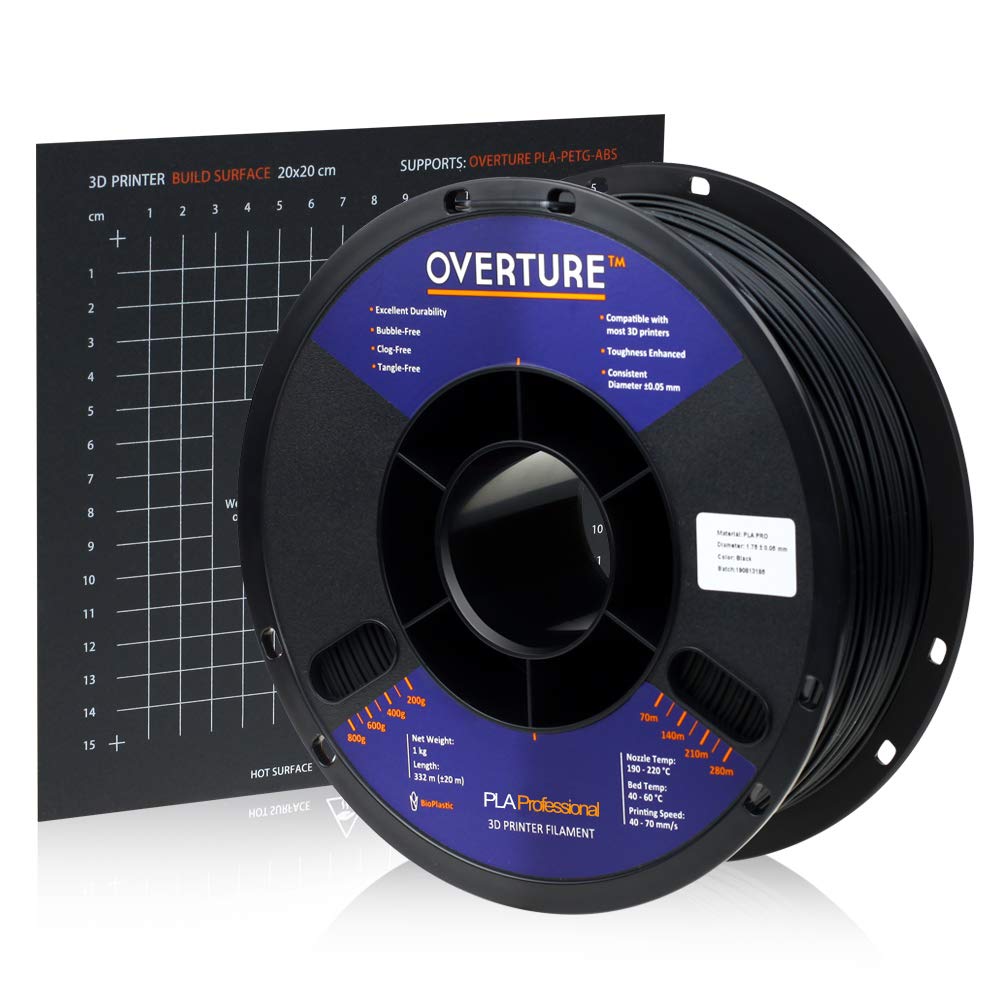 OVERTUREPLA Plus (PLA+) Filament 1.75mm PLA Professional Toughness Enhanced PLA Roll with 3D Build Surface 200 × 200mm, Premium PLA 1kg Spool (2.2lbs), Dimensional Accuracy +/- 0.05 mm Black OVB175