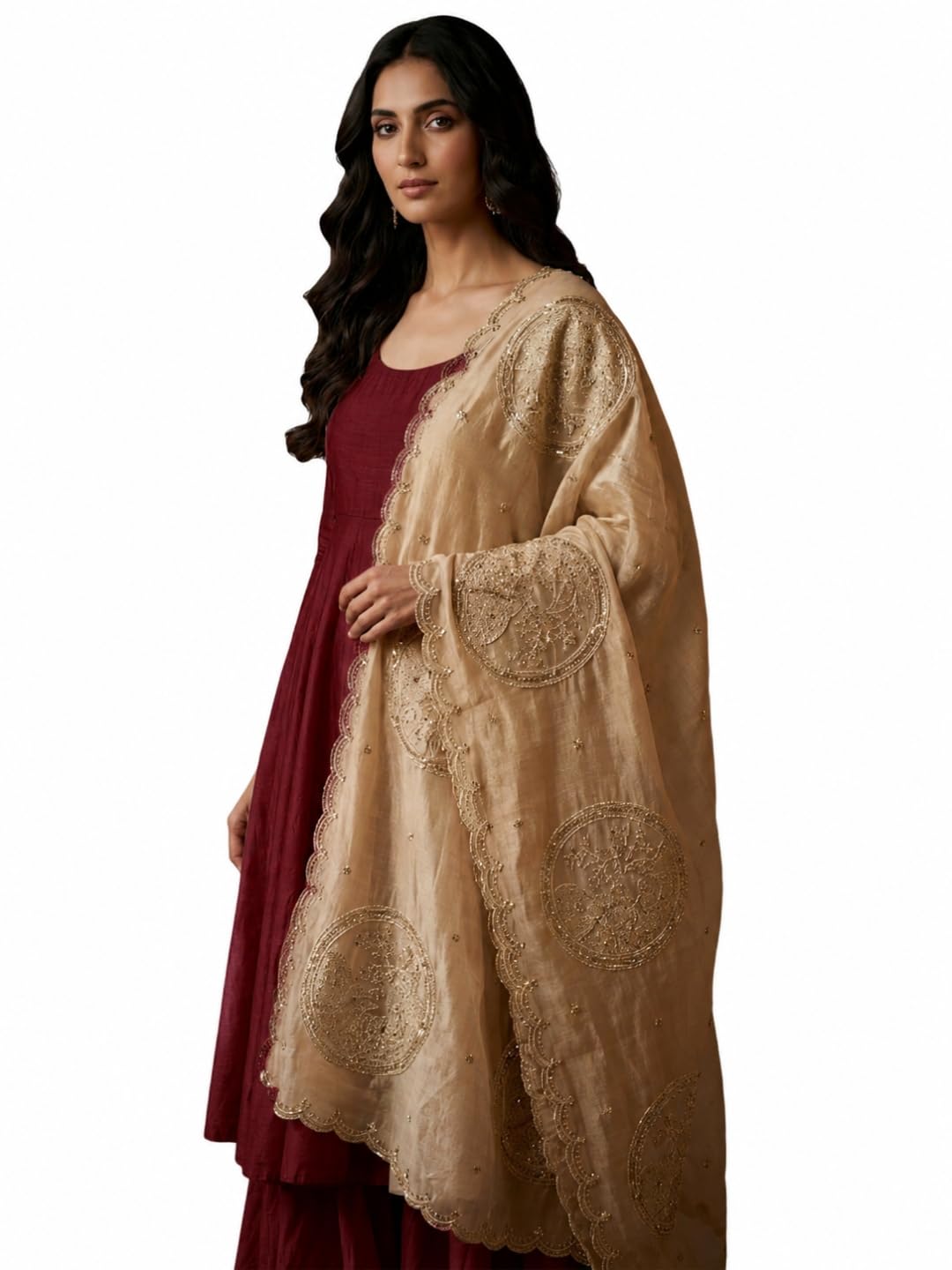 dupatta bazaar Women's Embroidered Soft Shimmer Tissue Silk Dupatta with Zardozi Ethnic Motifs | Lightweight Festive Dupatta for Kurti, Suit and Lehenga | Embellished Border, Free Size (Golden)-picture-17
