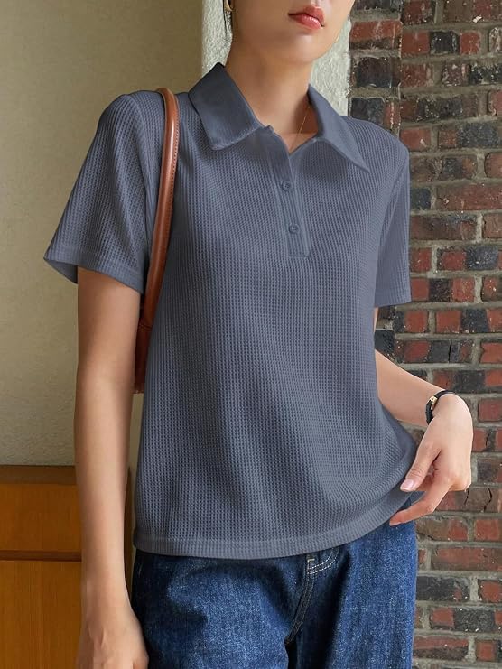 Image of Leriya Fashion Women's Summer Polo T-Shirt - Lightweight Breathable Short Sleeve Collared T-Shirt, Casual Loose Fit Everyday Top for Women
