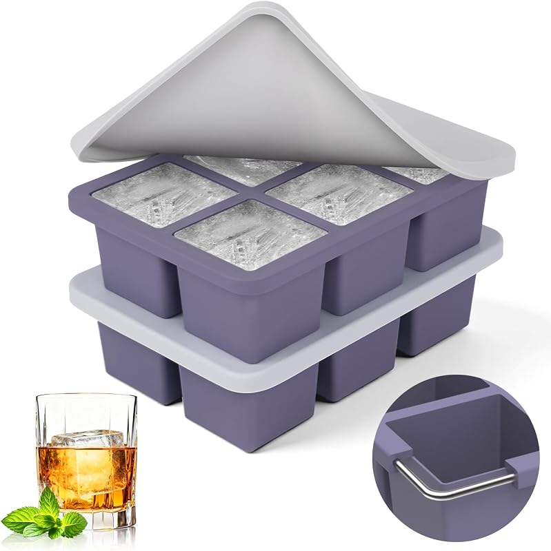 Bandejas grandes de silicona para cubitos de hielo con tapas, paquete de 2, hace cubitos de 2 pulgadas | Silicona de grado alimenticio, bordes reforzados con acero, fácil liberación, apilable para whisky, cócteles, jugos, sopas y preparación de comidas
