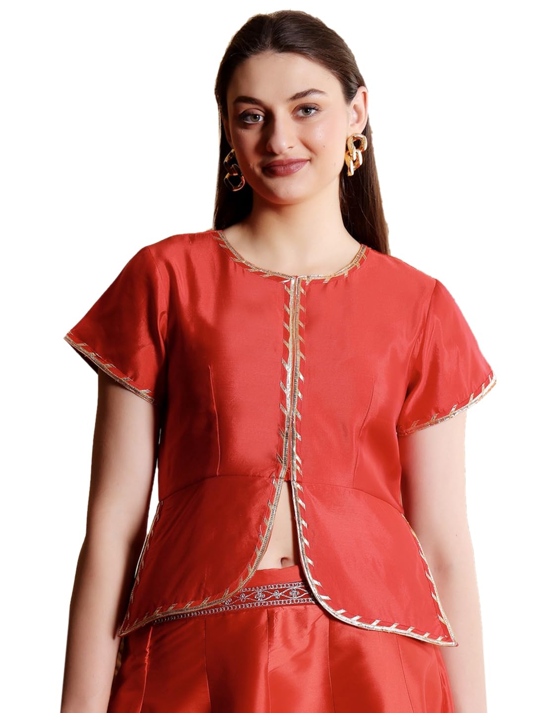 fr frolic rolic Frolic Rolic Lace Detail Solid Red Silk Blend Round Neck Short Sleeves Blouse-picture-11