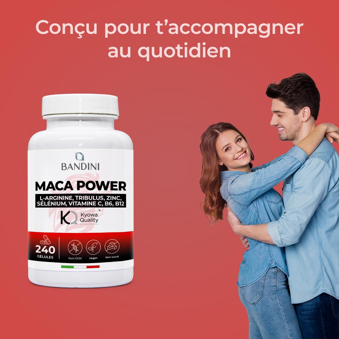 Bandini® MACA POWER 240 Gélules - Maca noire enrichi avec Arginine Kyowa® + Tribulus + Vitamine C + Zinc + B6 + B12 + Sélénium - Anti-stress, augmente Endurance et Énergie - 100% Vegan
