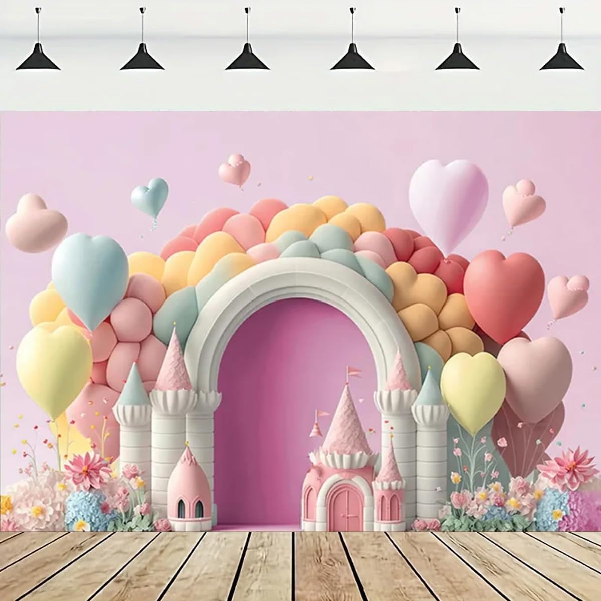 Pink Floral Castle Photo Backdrop - 8x6FT Princess Birthday Party Background For Girls Baby Shower