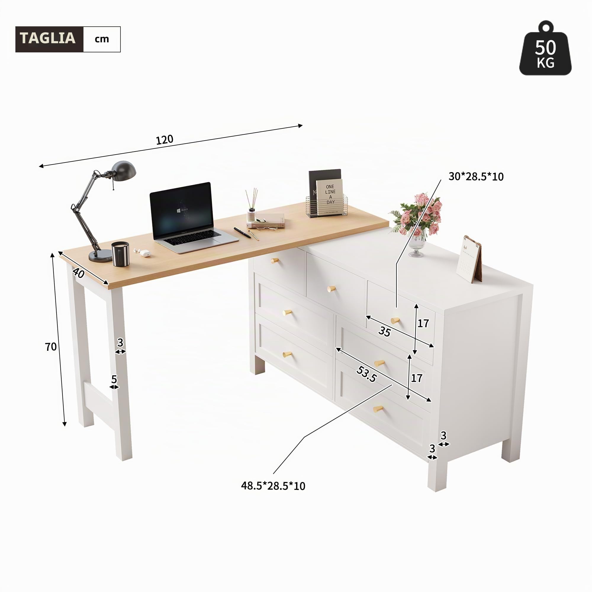 Scrivania con 7 cassetti, 2 in 1, piano girevole e credenza, effetto rovere, piano girevole a 360°, bianco/naturale, scrivania da toeletta, scrivania angolare a forma di L