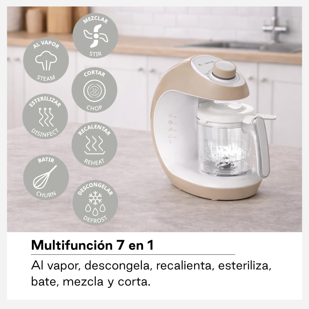 Jané Chefkiss, Robot Cocina Bebé, Multifunción 7 en 1, Procesador Alimentos, Cocina al Vapor, Descongela, Recalienta, Esteriliza, Bate, Mezcla