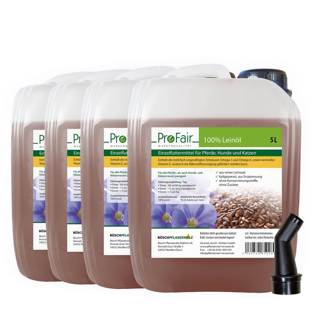 Leinöl 20 Liter (4 x 5L) kaltgepresst für Pferd, Hund, Katze
