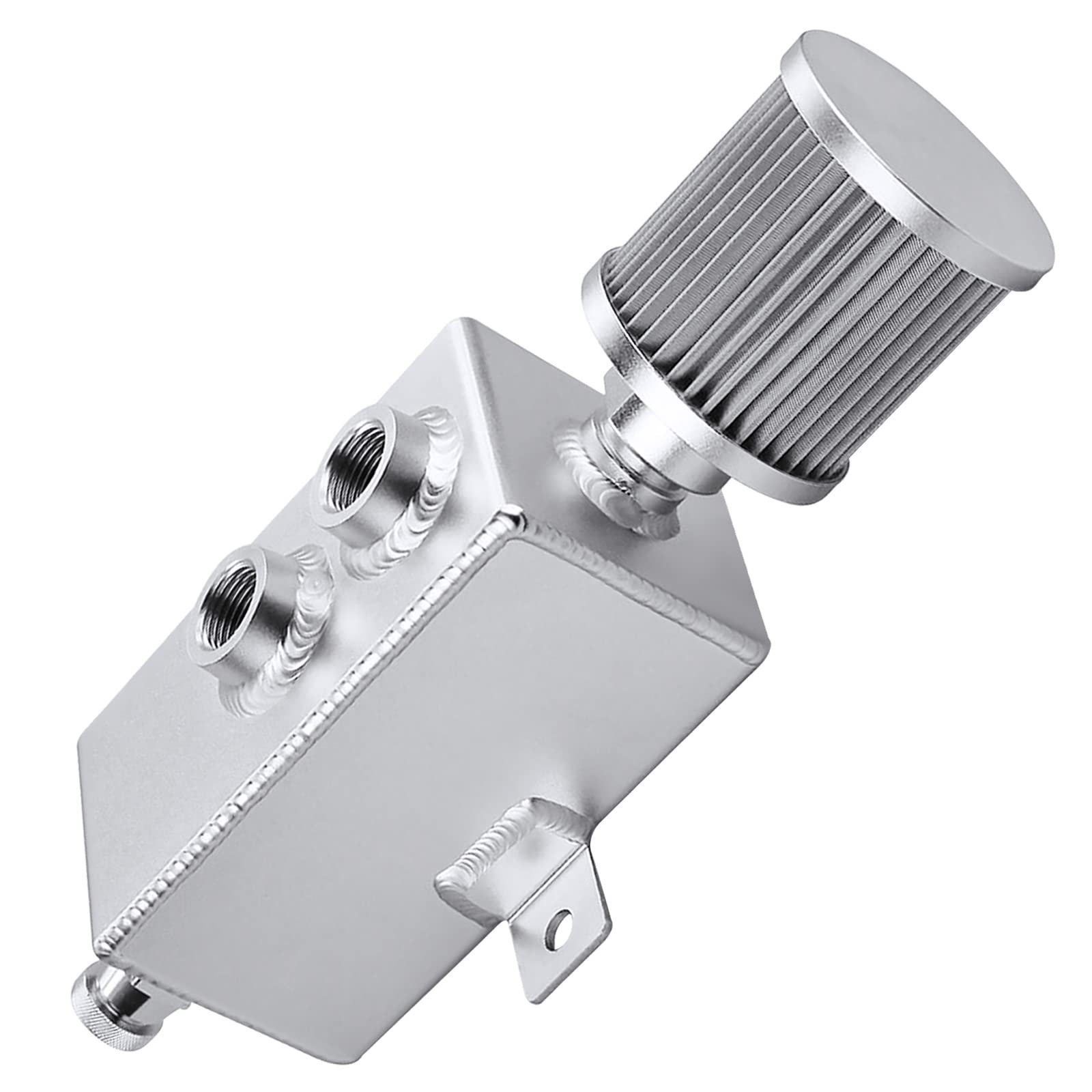 Universal 1L Oil Catch Can Tank Baffled 10AN with Breather Filter Aluminum Reservoir Tank Silver