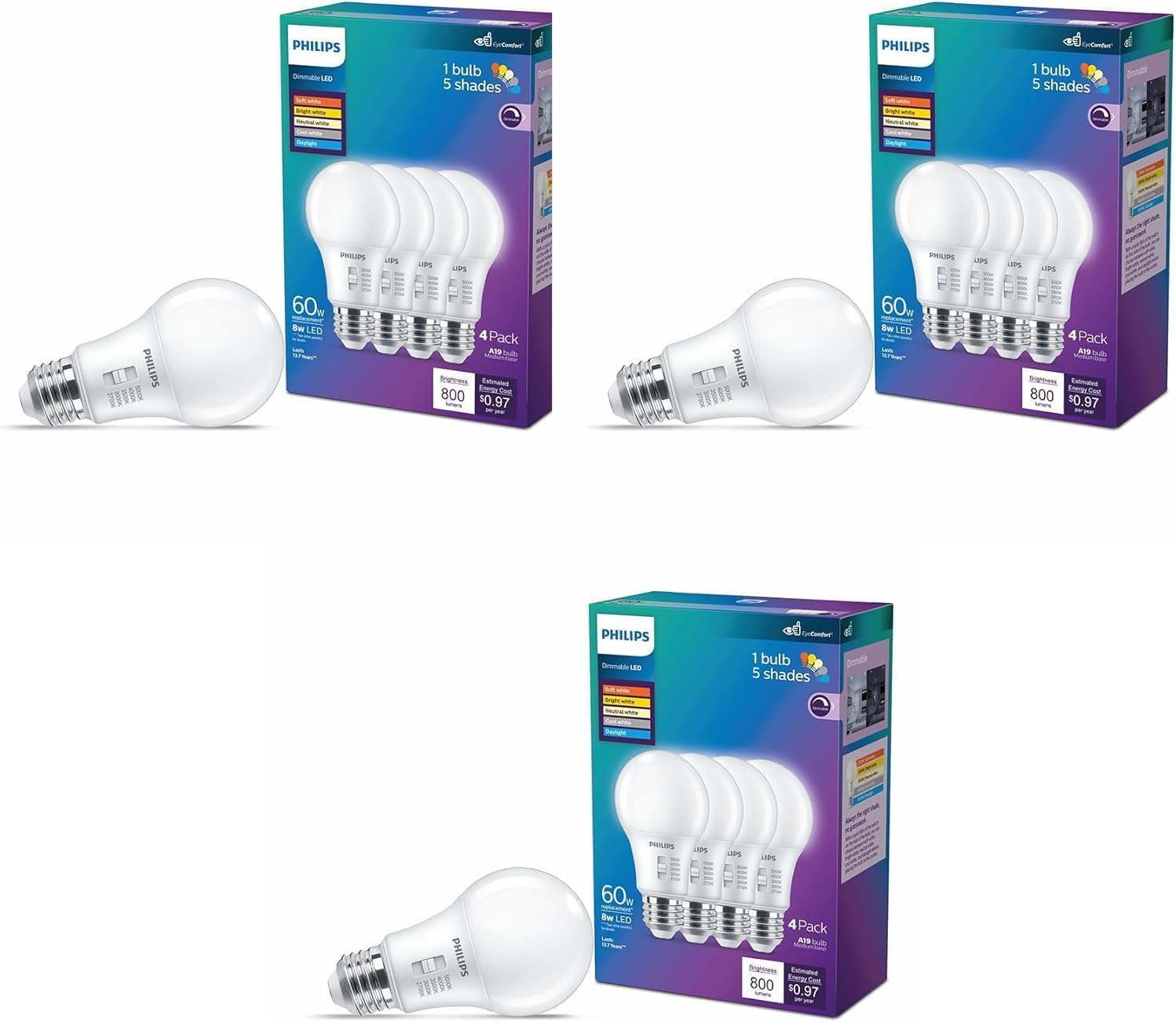 LED 60W A19 12-Pack Selectable White Multi-CCT 800 Lumen (8W = 60W) Dimmable Frosted Flicker-Free Light Bulbs