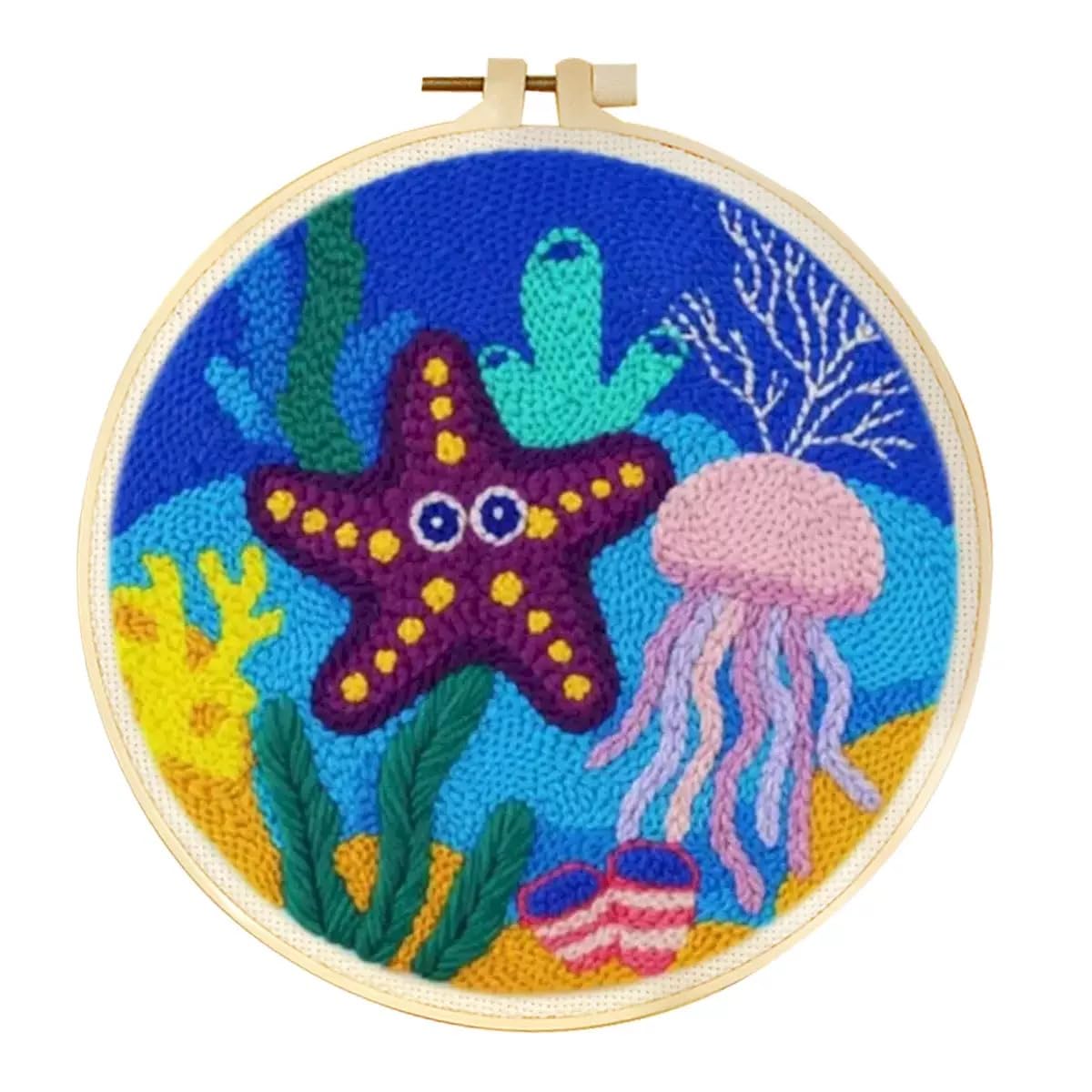 One Two Craft Punch Needle Kit for Beginners, DIY Punch Embroidery Kit, 20cm Hoop (Starfish)