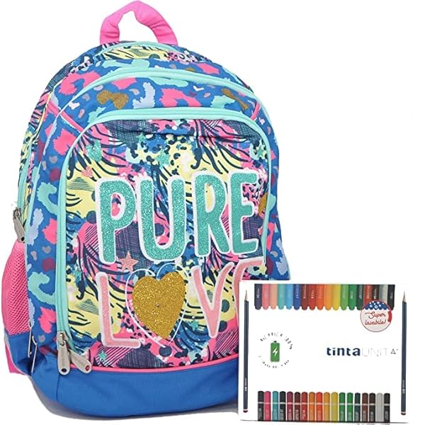 Mochila escolar con purpurina pura con luces regalo 7 bolígrafos borrables bolígrafo luminoso LED y llavero lentejuelas