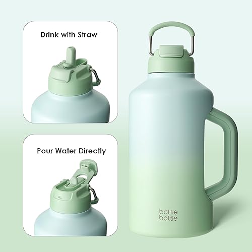 Miniatura 5 de BOTTLE BOTTLE Botella de agua aislada de 64 onzas con popote y tapa de doble uso, botella de agua deportiva de acero inoxidable con asa al vacío de