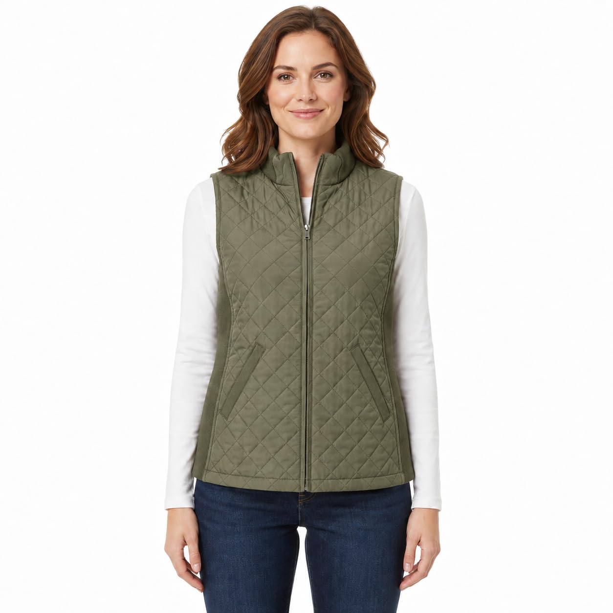 Bienzoe Femmes Slim Casual Zip Matelassé Sans manches Gilet Léger Stretch Rib