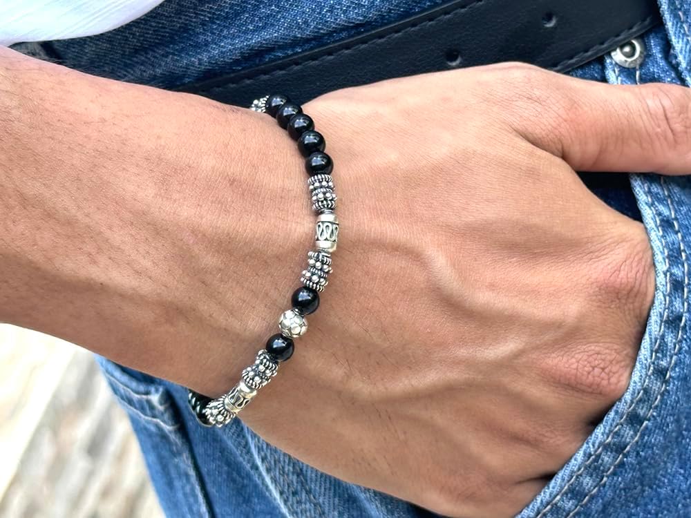 Kartini Studio Black Onyx and Sterling Silver Bracelet, Quality Bead Jewelry for Man, Men's Onyx Bracelet - Image 4