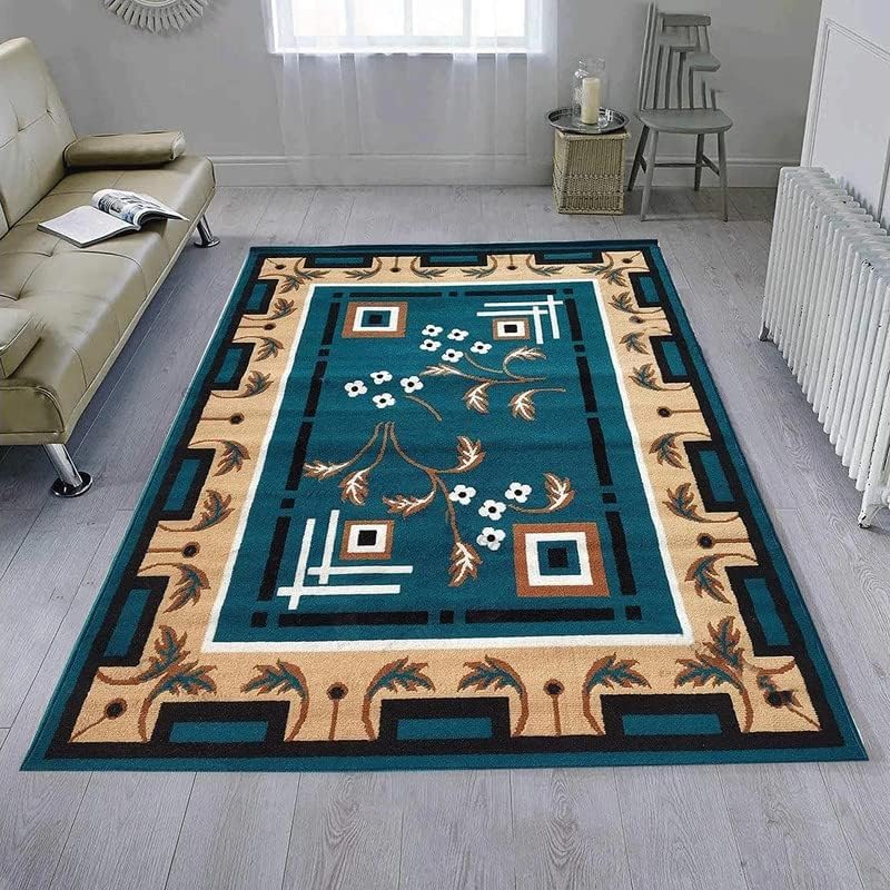 Image of GULDASTA Blue BCF Carpet 5x7 Feet Anti-Slip Floral Area Rug Living Room Dining Table