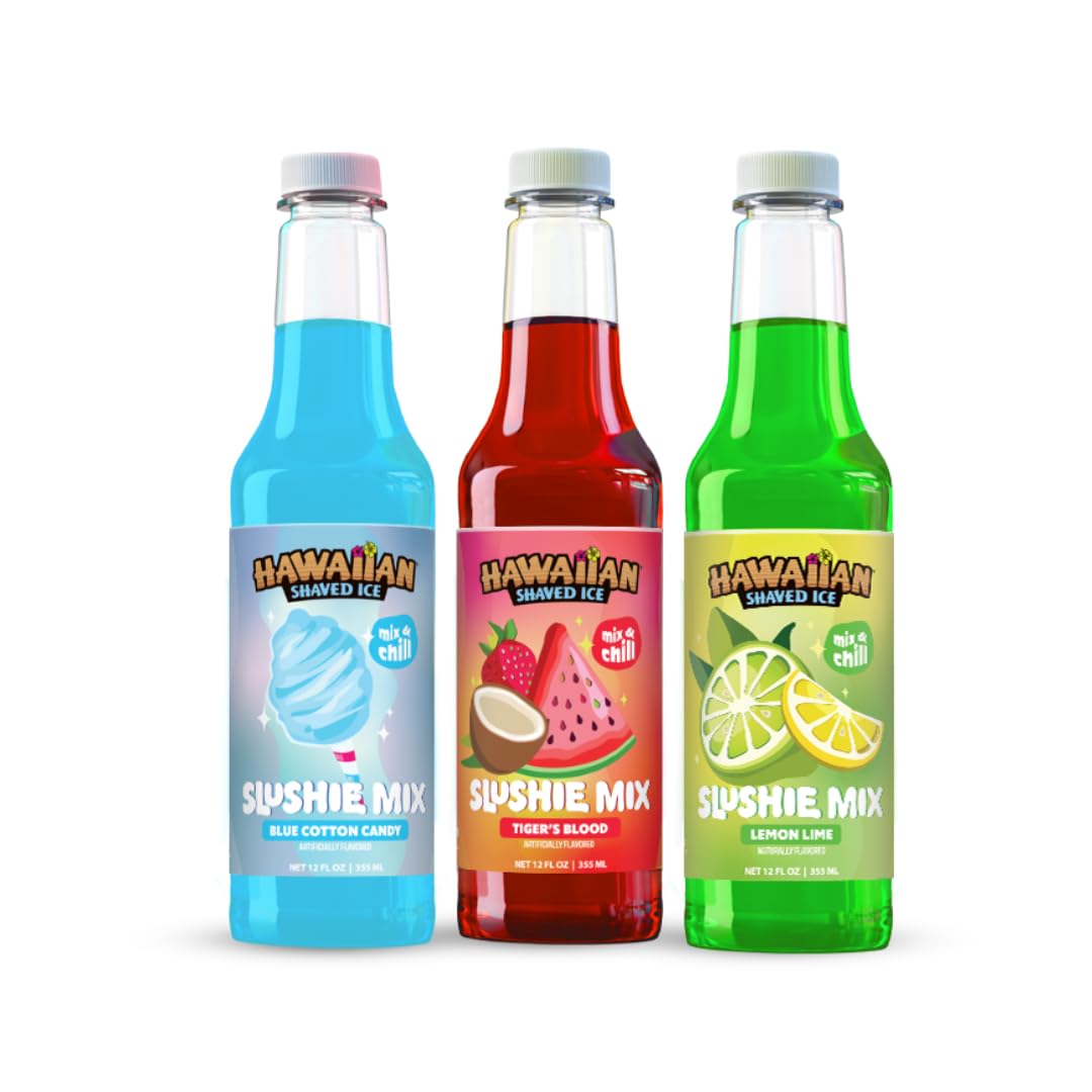 Hawaiian Shaved Ice Slushie Syrups Mix 3-Pack, Tiger’s Blood, Blue Cotton Candy & Lemon-Lime, Perfect for Slushies, Three 12 oz Bottles, Mix with