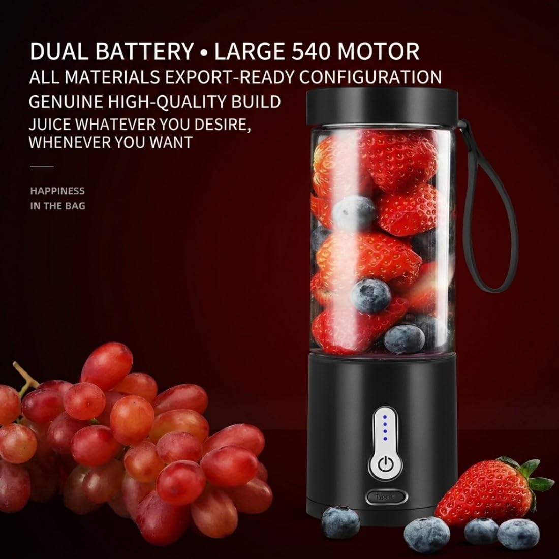 Mixeur portable 530 ml, taille personnelle, mixeur à smoothie polyvalent 150 W sans fil avec mini mélangeur de fruits rechargeable par USB pour voyage, sport, bureau, shakes, jus de nourriture – Noir