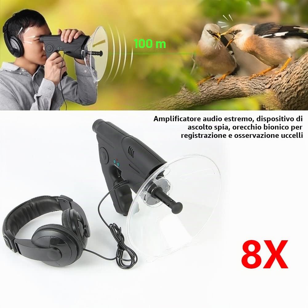 Microfono direzionale parabolico dispositivo di ascolto 100 metri monoculare con ingrandimento 8x, amplificatore acustico registrazione con cuffie per bird watching, osservazione degli animali