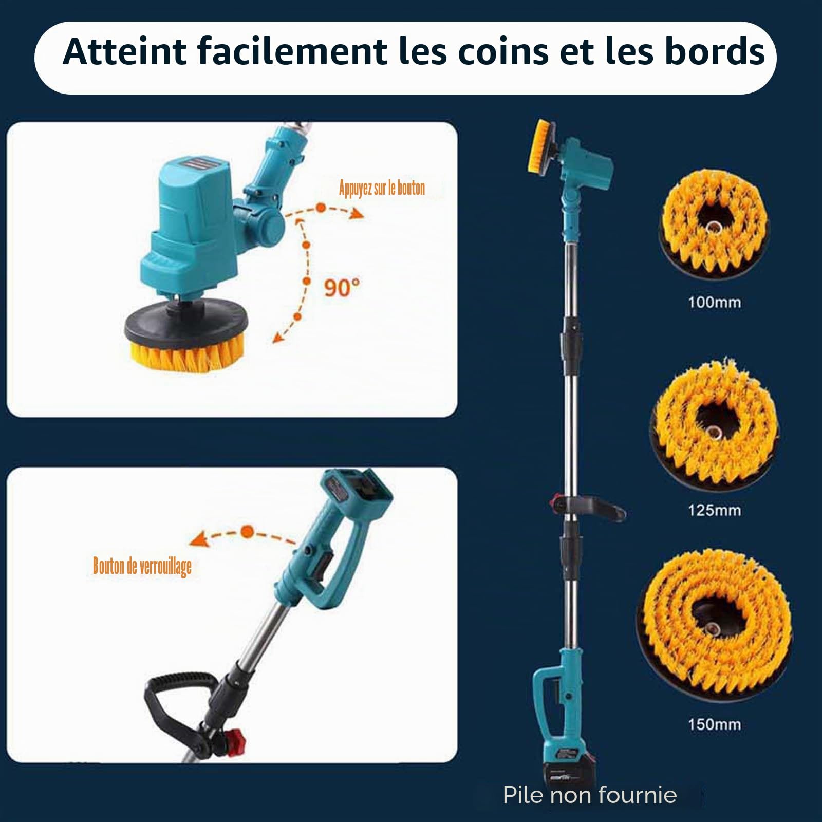 Brosse à récurer électrique extra longue, pliable, compatible avec batterie Makita 18 V (outil uniquement), brosse de nettoyage sans fil rechargeable sans fil, 1800 tr/min pour baignoire/carrelage/sol