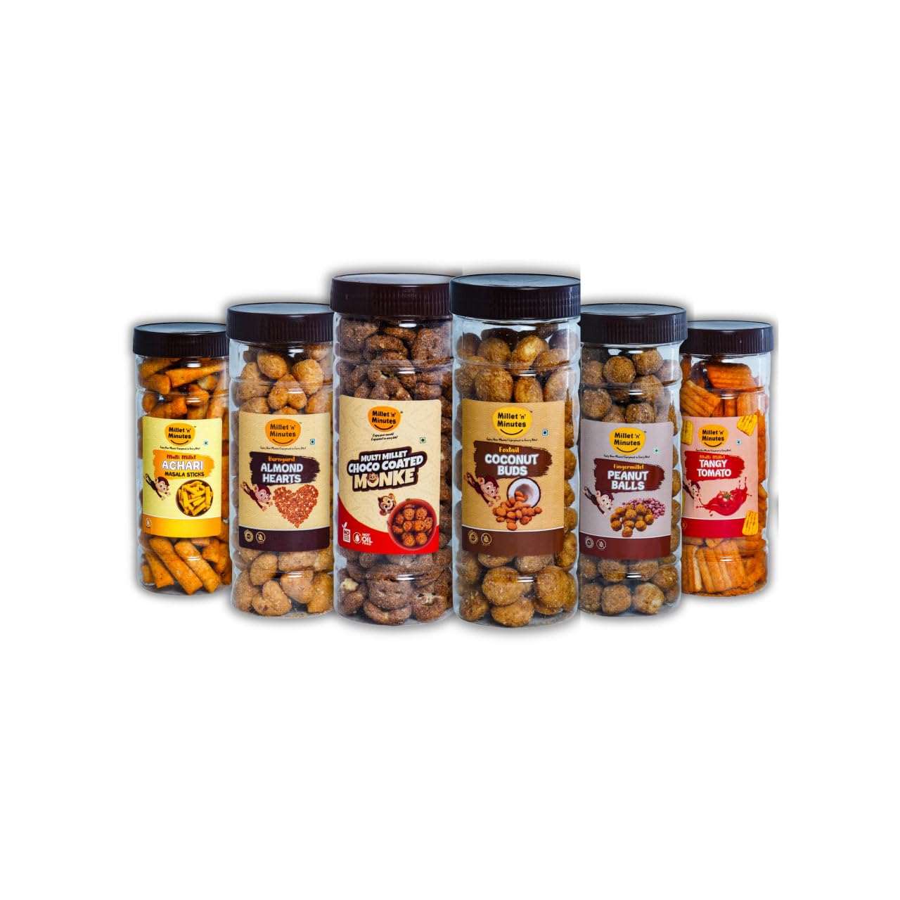 Millet Munchies Healthy Snacks Gift Pack, 6 Flavours - Achari, Almond Hearts, Choco Coated, Coconut Buds, Peanut Balls, Tangy Tomato