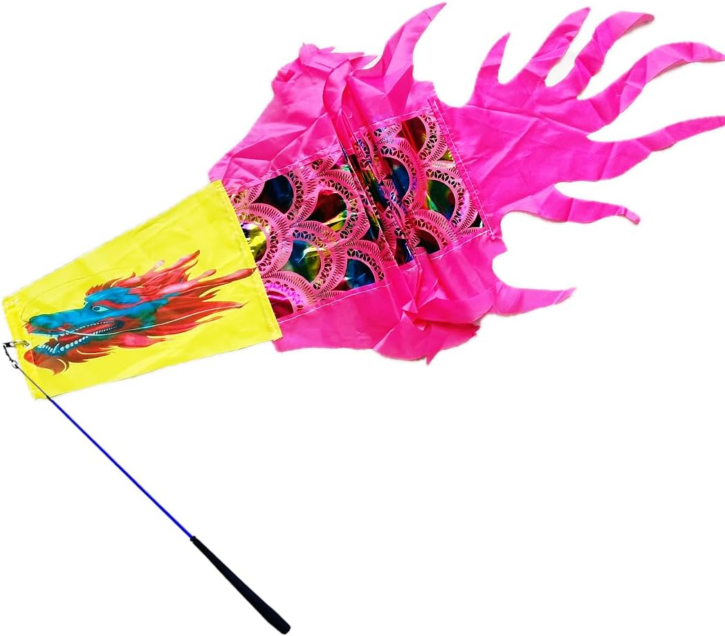 Holographic Dragon Dance Ribbon Streamer, Rainbow Winged Vibrant Dragon Dance Ribbon Poi with Fiberglass Wand for Outdoor Fitness Party Stage Performance Prop Set