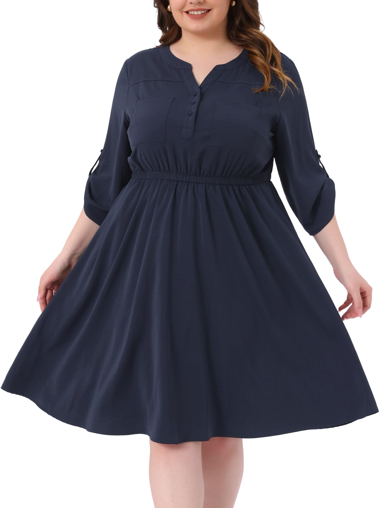 Agnes Orinda Plus Size Dresses for Women Notch V Neck 3 4 Rolled Sleeve Button Work Midi Shirt