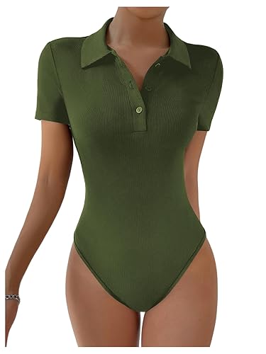 SweatyRocks Women's Short Sleeve Polo Shirt Bodysuit Ribbed Half Button Collared Leotards - Medium - Army Green