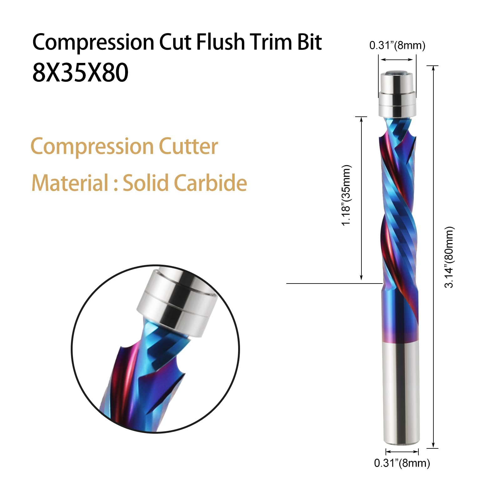 Spiral Flush Trim Router Bit,8mm Shank 35mm Cutting Length Solid Carbide Compression Flush Trim Router Bits Spiral with Nano Coated,2 Flutes Up and Down Cutter Bits for Woodworking Trimming - Image 2