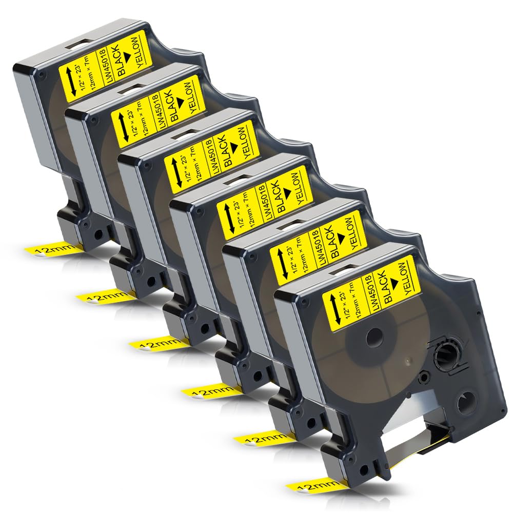 Labelwell 6-Pack Replacement for Dymo D1 Label Tape 1/2 Inch Black on Yellow Compatible with Dymo Label Maker Refills 45018 S0720580 use with LabelManager 160 280 210D 360D 420P 450D 450P 450DUO