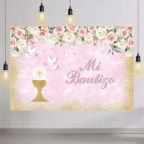 Miniatura 4 de Mi Bautizo - Telón de fondo para niña, cartel de bautismo de cáliz dorado, fondo de fotografía de bautizo, rosa floral, primera comunión, Dios