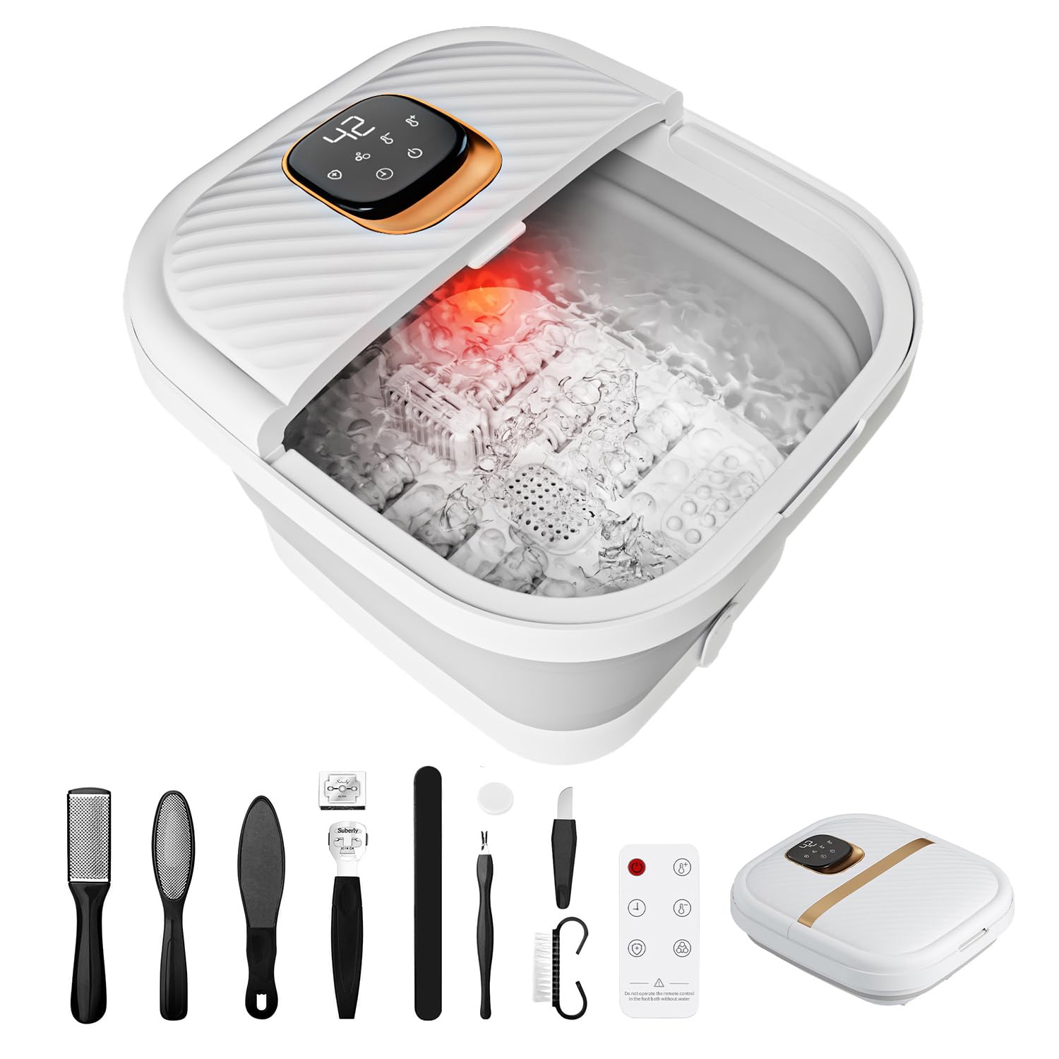 Basin de Pieds Massant Chauffant Pliable, écran LCD Étanche, Massage Pieds 12 couches de bulles plantaires chauffantes, Stérilisation UV, pour la maison/bureau/famille/cadeau