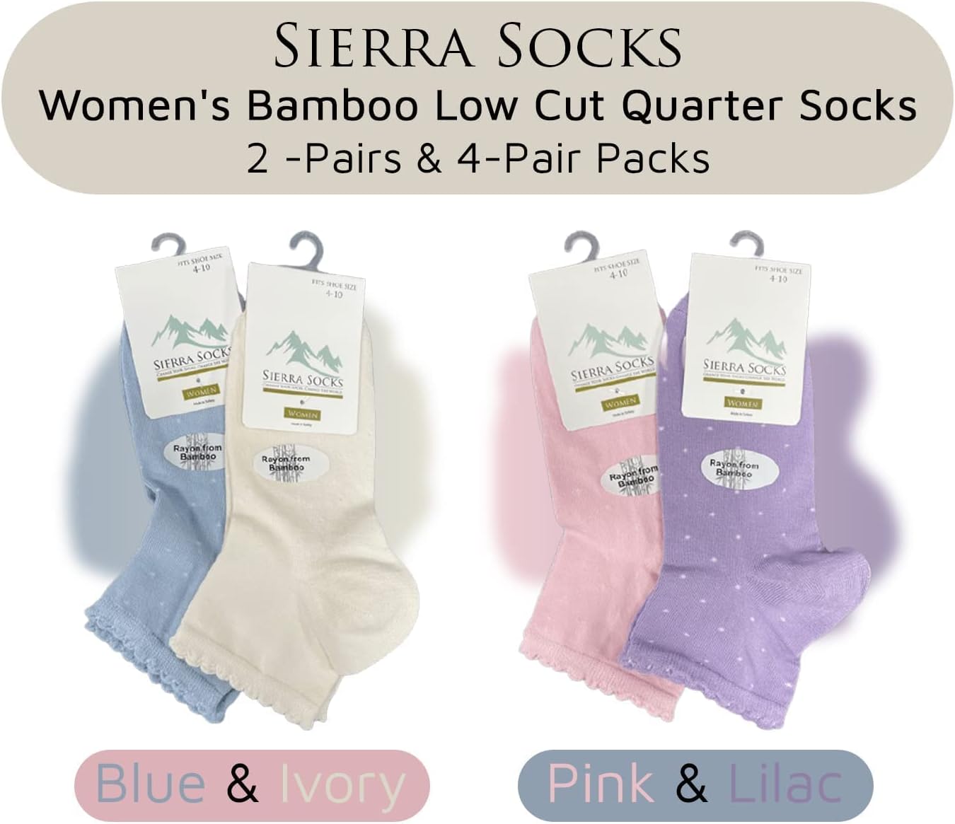 Women' s Low Cut Socks - Scalloped Edge Quarter Socks for women, 2-Pair & 4-Pair Pack Rayon from Bamboo Socks