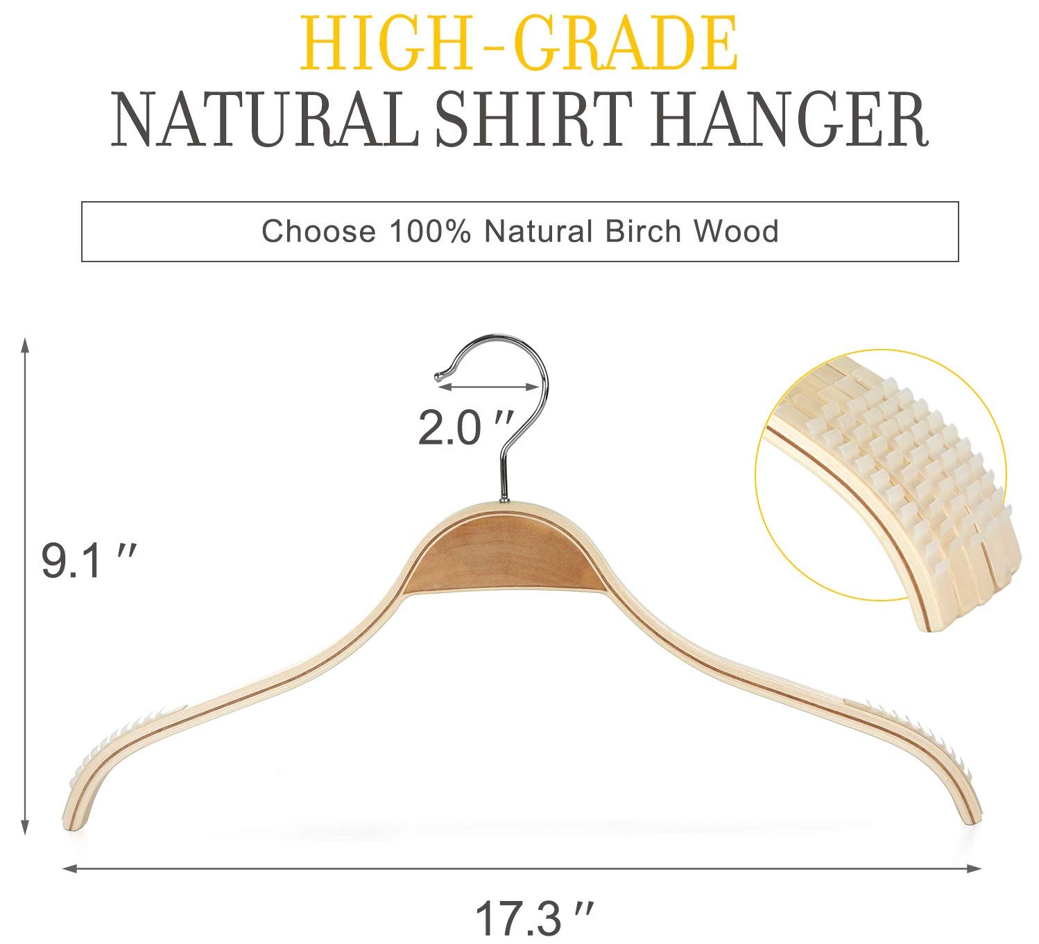 TOPIA HANGER Grucce sottili in legno naturale, confezione da 18 pezzi, con impugnature in gomma extra morbida, alla moda di alta qualità, antiscivolo e grinze, per canottiere, maglioni, giacche,