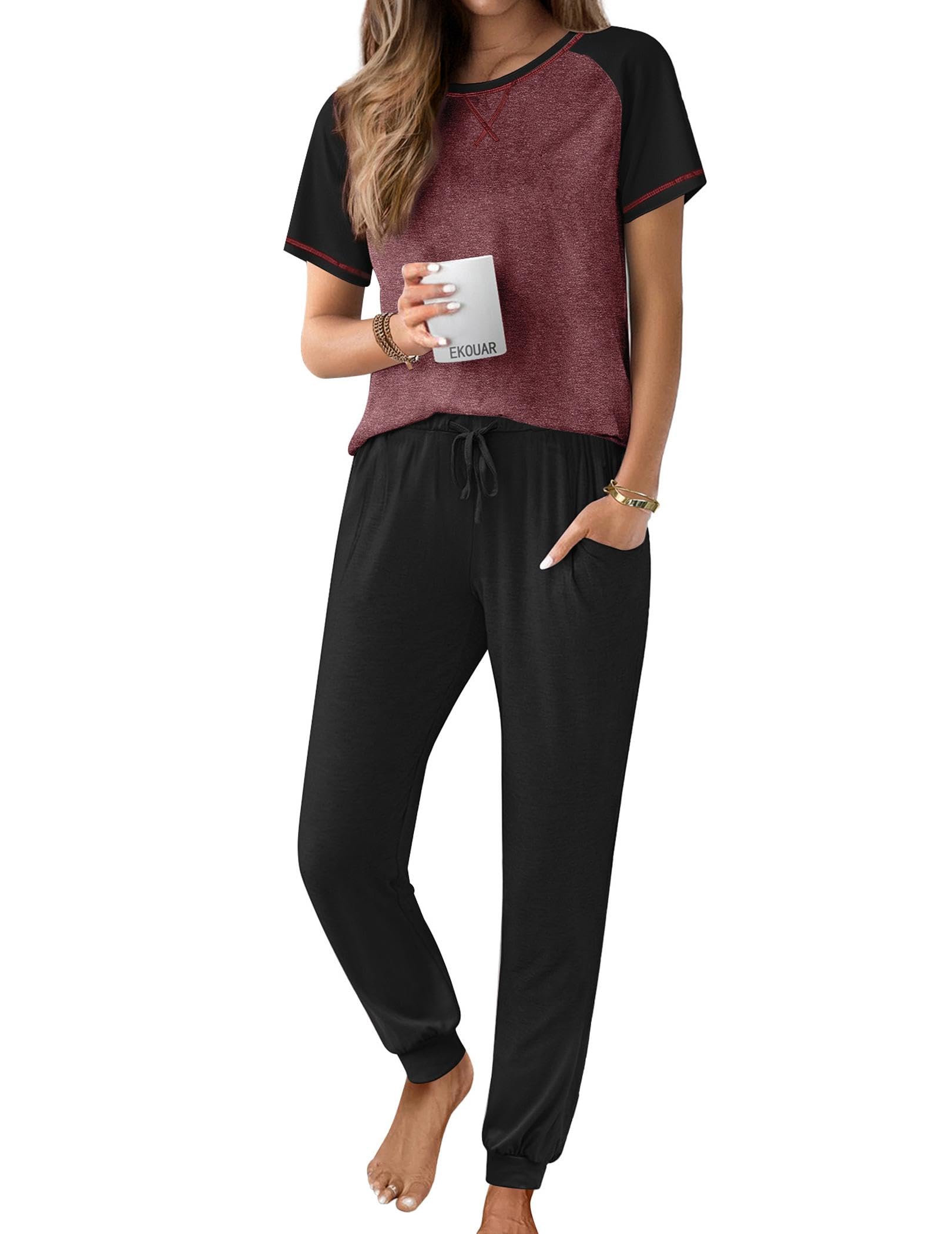 Ekouaer Womens Jogger Pajamas Sets 2 Piece Raglan Short Sleeve Pjs Lounge Set Soft Sleepwear with Pockets S-XXL