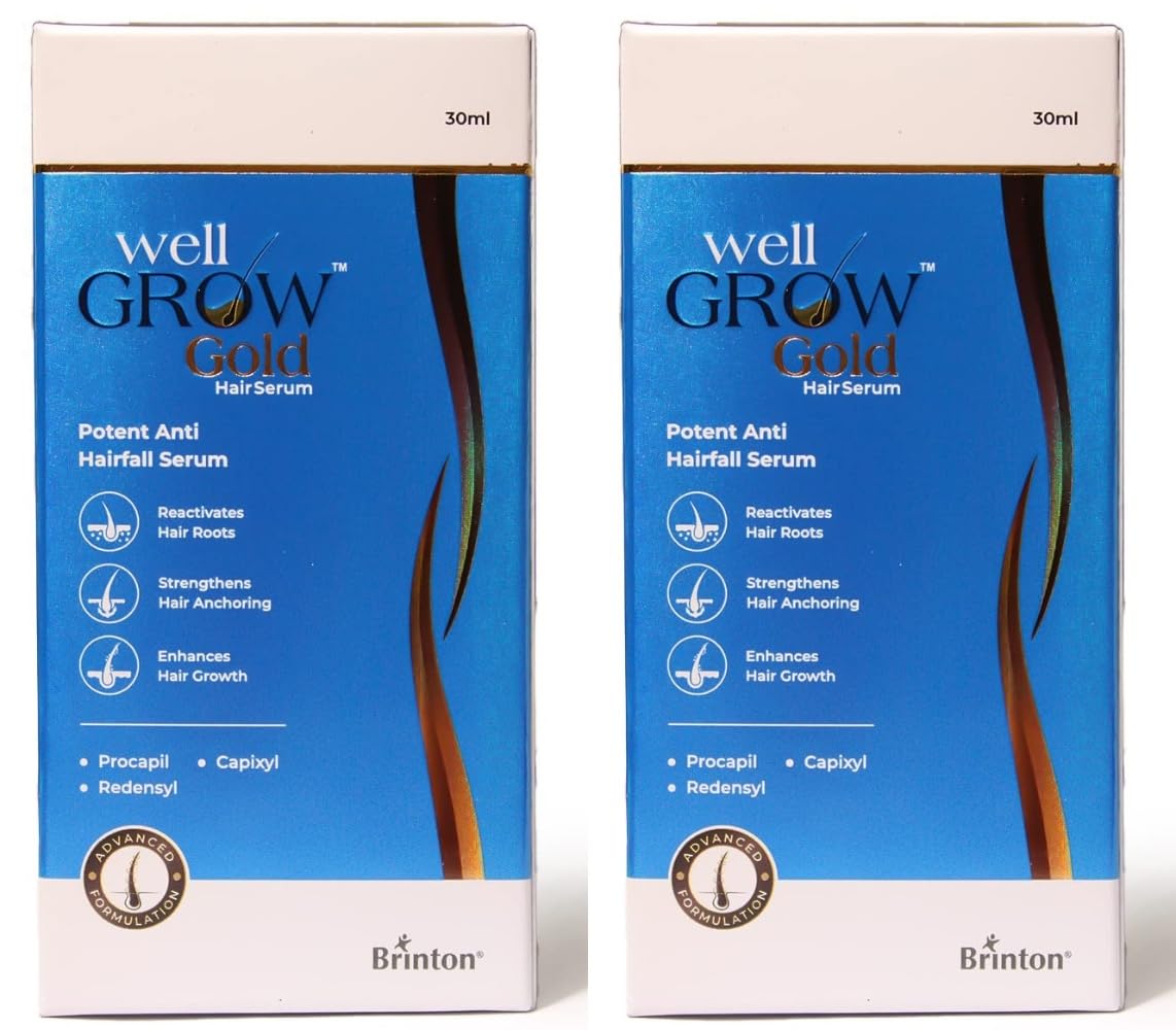 Brinton WellGrow Gold Hair Serum with 3% Redensyl, 5% Capixyl & 2% Procapil | Lightweight, Non-Greasy Formula | Supports Hair Regrowth, Control Hair Fall | For Men & Women | 30 ml (Pack of 2)