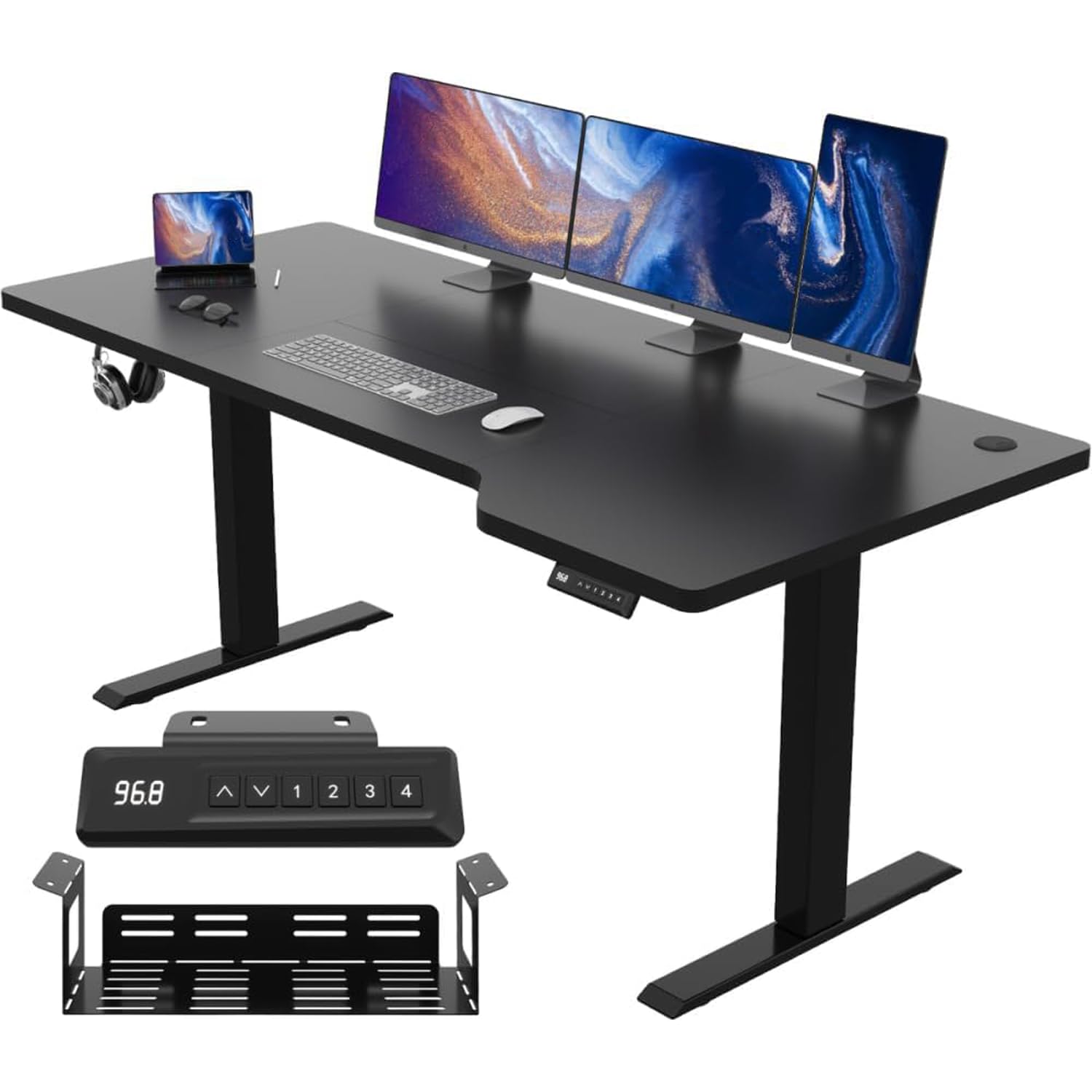 JUMMICO Escritorio Ajustable en Altura 160 x 70 cm, en Forma de L, Altura Ajustable, Mesa de Juegos ergonómica con Ganchos (Negro)