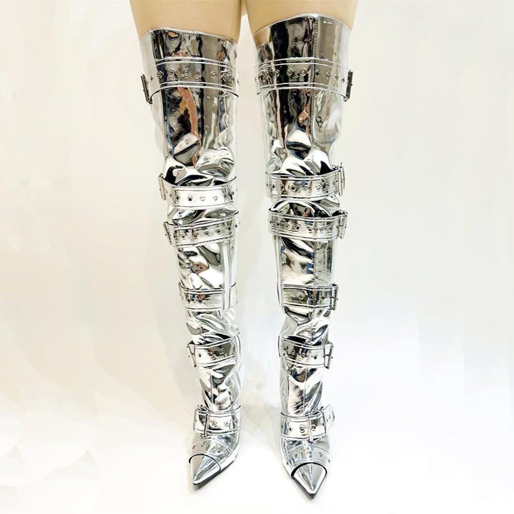 Yolkomo Metallic Silver Boots for Women Over-The-Knee Thigh High Boots Sexy Pointed Toe Stiletto High Heel Boots Wide Calf Over-Knee High Leather Boots with Zipper Belt Buckle Strap Size 7