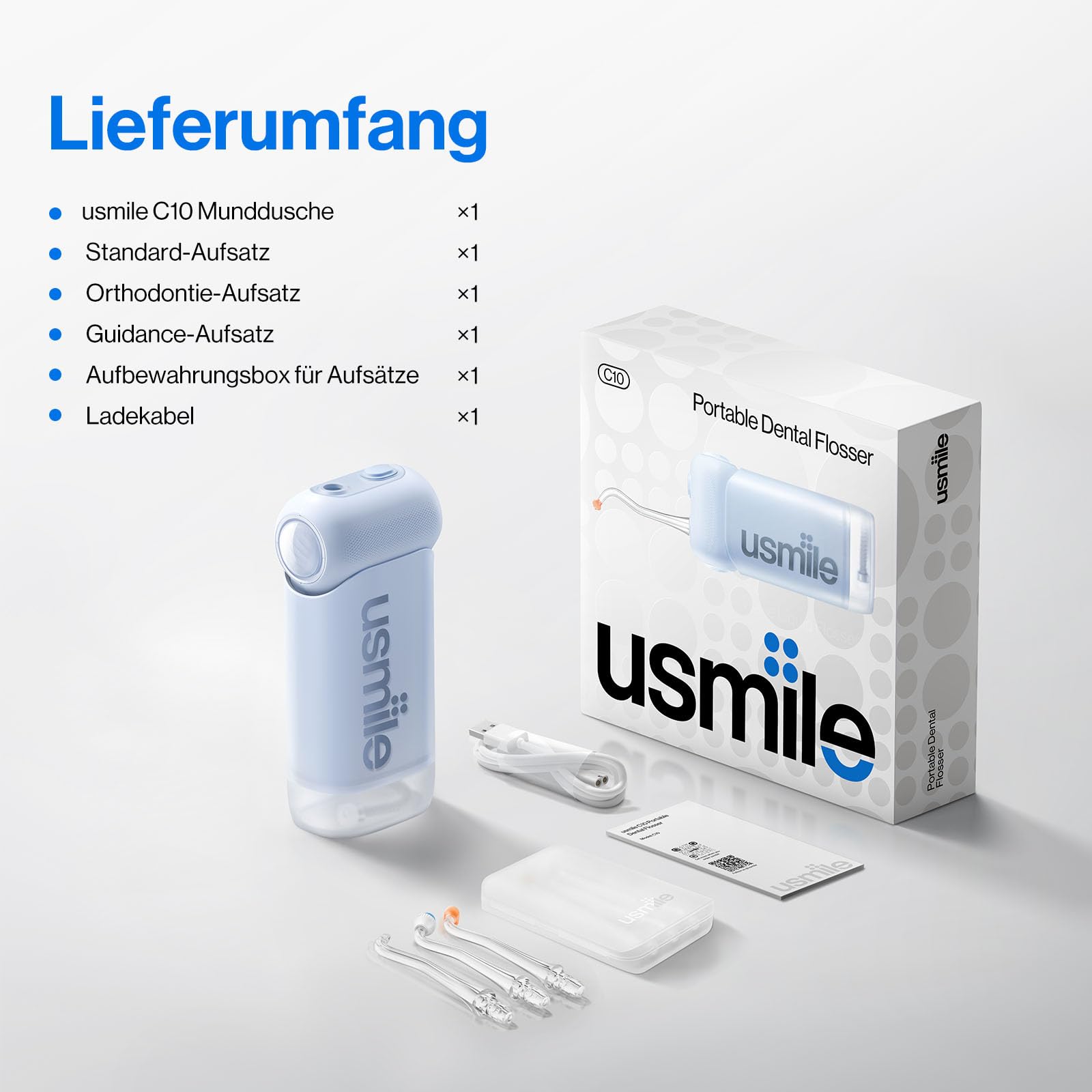 usmile C10 Tragbare Munddusche – 95 Tage Akkulaufzeit, 4 Reinigungsmodi, 180 ml Tank, IPX7 Wasserdicht, Ideal für Reisen, Zahnspangen, Implantate & Empfindliches Zahnfleisch (Blau)